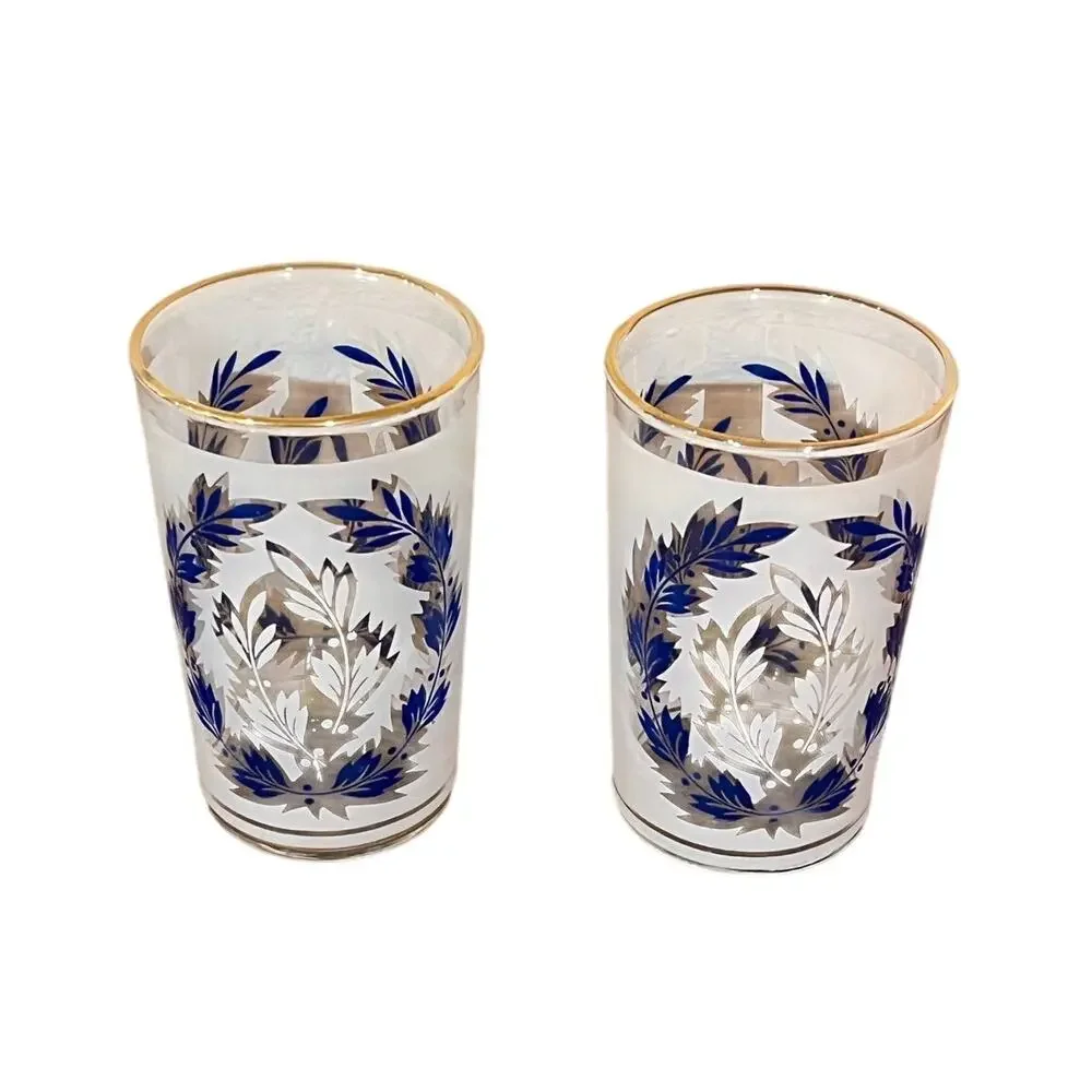 Vintage Frosted Glasses Blue Leaf Design‎ Gold Rim Barware Mid Century